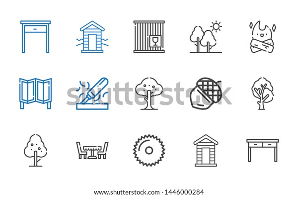 wood icons set. Collection of wood with table,\
cabin, saw, tree, acorn, room divider, bonfire, crate. Editable and\
scalable wood icons.