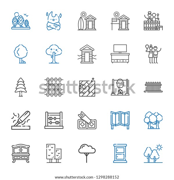 wood icons\
set. Collection of wood with tree, chest of drawers, forest, room\
divider, saw, abacus, fence, bonfire, floor, pine, birch, cupboard.\
Editable and scalable wood\
icons.