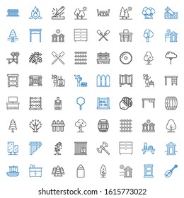 wood icons set. Collection of wood with ukelele, chest of drawers, cabin, tree, feeder, forest, trireme, table, axe, crate, flute, cabins, abacus. Editable and scalable wood icons.