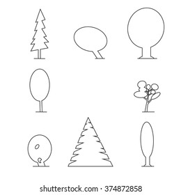Wood icons set outline. Trees icons set, outdoor design collection. Isolated tree, trunk, foliage  
