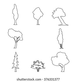 Wood icons set outline. Trees icons set, outdoor design collection. Isolated tree, trunk, foliage  