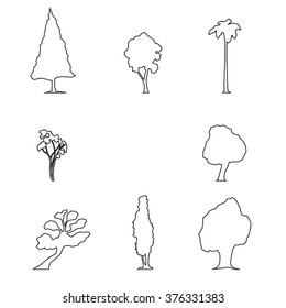 Wood icons set outline. Trees icons set, outdoor design collection. Isolated tree, trunk, foliage  