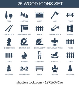 wood icons. Trendy 25 wood icons. Contain icons such as tree, pine tree, chest, axe, fence, drum stick, direction board, garden bench, barrel, chess horse. wood icon for web and mobile.
