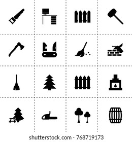 Wood icons. vector collection filled wood icons. includes symbols such as tree, axe, barrel, fence, spruce, broom, construction garbage. use for web, mobile and ui design.