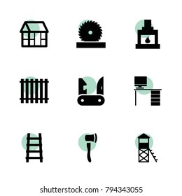 Wood icons. vector collection filled wood icons set.. includes symbols such as office desk, fence, frame house, circular saw, fireplace. use for web, mobile and ui design.