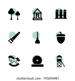 Wood icons. vector collection filled wood icons set.. includes symbols such as tree, fence, acorn, broom, saw, circular saw, house frame. use for web, mobile and ui design.