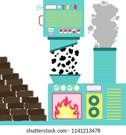 Wood incineration plant. Machines with furnace incinerating coal. Wooden trunks turned into charcoal. Smoke from the burning coming out of the chimney.