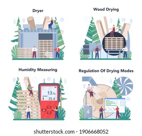 Wood industry concept set. Wood drying as a forestry production line process. Dryer control. Logging and woodworking process. Isolated flat vector illustration