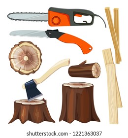 Wood industry. Forestry branch and trunks collection vector cartoon illustrations. Industry wood work, log timber and tools saw and axe