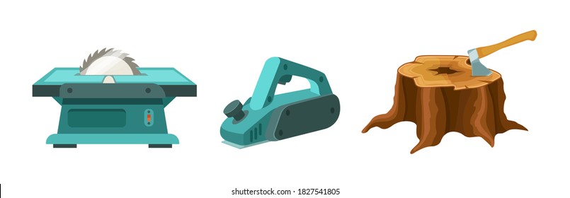 Wood industry material tools planer, sawing machine and tree stump with axe. Logs, boards for the forest lumber industry and farming set cartoon vector illustration