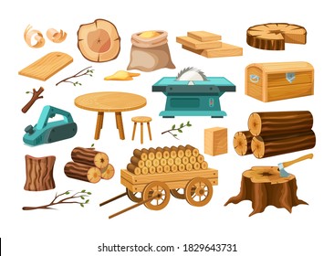 Wood industry material tools and products, tree trunks, bark, wood kitchen utensils, branches, planks, wooden furniture, chest, shavings. Logs, boards for the forest lumber industry set cartoon vector