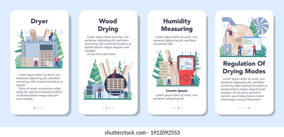 Wood industry mobile application banner set. Wood drying as a forestry production line process. Dryer control. Logging and woodworking process. Isolated flat vector illustration
