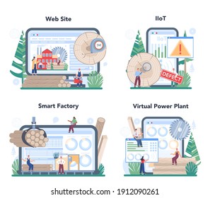 Wood industry online service or platform set. Frame saw operator as a forestry production line. Sawing process control. Online IIoT, smart factory, VPP, website. Isolated flat vector illustration