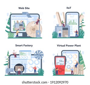 Wood industry online service or platform set. Wood drying as a forestry production line process. Dryer control. Online IIoT, smart factory, VPP, website. Isolated flat vector illustration