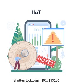 Wood industry online service or platform. Frame saw operator as a forestry production line. Sawing process control. Online IIoT. Isolated flat vector illustration