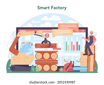 Wood industry online service or platform. Logging and woodworking process. Global industry classification standard. Online smart factory. Flat vector illustration