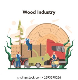 Wood industry and paper production concept. Logging and woodworking process. Forestry production. Global industry classification standard. Isolated flat vector illustration