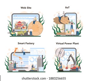Wood industry and paper production online service or platform set. Logging and woodworking process. Forestry production. Website, IIoT, smart factory, virtual power plant. Flat vector illustration