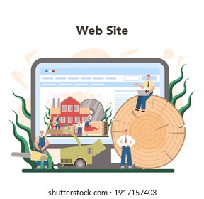 Wood industry and paper production online service or platform. Logging and woodworking process. Forestry production. Website. Flat vector illustration