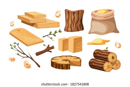 Wood industry products, tree trunks, bark, wood kitchen utensils, branches, planks, wooden furniture, chest, shavings. Logs, boards for the forest lumber industry set cartoon vector