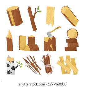 Wood industry raw material and production samples flat set with tree trunk logs planks door vector illustration.