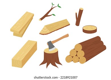 Materias primas y muestras de producción de la industria maderera conjunto plano con tronco de árbol y tablones de troncos 