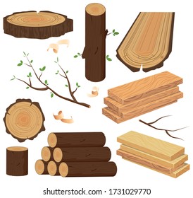 Wood industry raw material.ree wood trunk vector set chopped firewood logs and wooden stump.