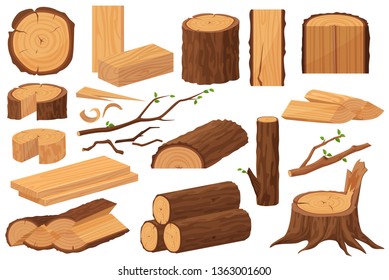 Wood industry raw materials. Realistic production samples collection. Tree trunk, logs, trunks, woodwork planks, stumps, lumber branch, twigs cartoon vector illustration.