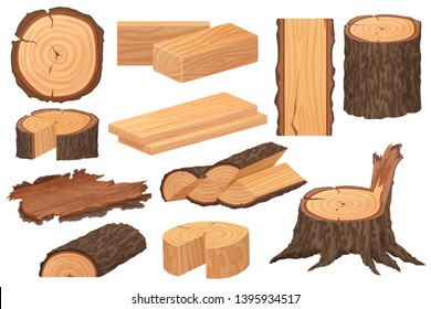 Wood industry raw materials. Realistic high detailed vector production samples. Tree trunk, logs, trunks, woodwork planks, stumps, lumber branch, twigs.
