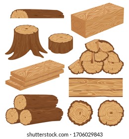 Wood industry raw materials. Realistic production samples collection. Tree lumber, trunk. Vector pictures set in cartoon style. Wooden trunk, ilustration of firewood material