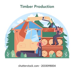 Wood industry and timber production. Logging and woodworking process. Forestry and matches production. Global industry classification standard. Isolated flat vector illustration