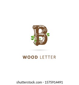 wood initial letter b with leaf element, design vector symbol template