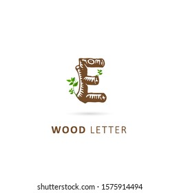 wood initial letter e with leaf element, design vector symbol template