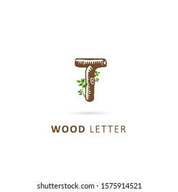 wood initial letter t with leaf element, design vector symbol template