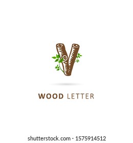 wood initial letter v with leaf element, design vector symbol template