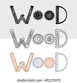 WOOD inscription composed of boards, blade chainsaw,  log cross section, handsaw.