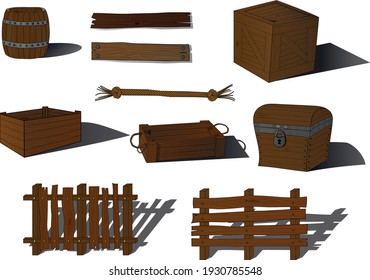 Wood items vector board chest box fern barrel rope wooden