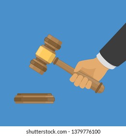 Wood judge hammer in hand. Wooden judge ceremonial gavel for adjudication of sentences and bills, court, justice, with round stand. Auction, judges concept. Vector illustration in flat style EPS 10.