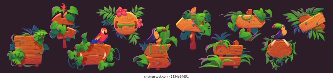 Wood jungle game sign board with flower and parrot vector cartoon set. Forest ui signboard frame icon with tropical design. Wooden texture summer plaque for welcome menu tropic comic interface.