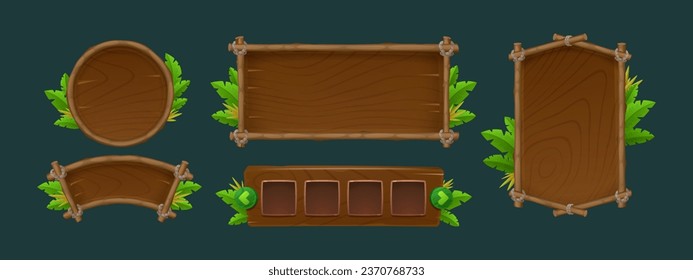 Wood jungle ui game sign board vector cartoon. Forest wooden signboard frame template for text or button. Tropical billboard panel for menu set. Isolated circle border with rainforest leaves icon