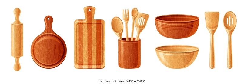 Wood kitchen cutting board, spoon, fork, pizza plate. 3d icons of eco wooden utensils and bamboo cutlery for cooking. Old traditional tableware, empty bowl from brown timber, vector illustration