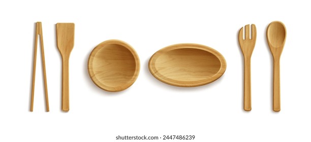 Utensilios de cocina de madera para cocinar y comer alimentos. Vista superior en plato y tazón, pinzas y diferentes espátulas, cuchara con textura de madera marrón. Conjunto de Ilustración vectorial 3D realista herramientas y utensilios ecológicos