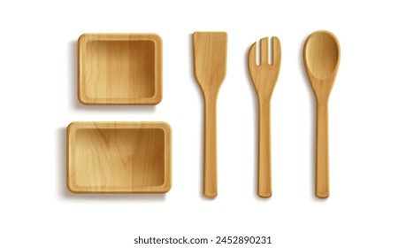 Utensilios de cocina de madera para cocinar y comer alimentos. Vista superior en plato cuadrado y tazón, espátula y cuchara diferentes con textura de madera marrón. Conjunto de Ilustración vectorial 3D realista herramientas y utensilios ecológicos