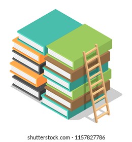 Wood ladder on stack books icon. Isometric of wood ladder on stack books vector icon for web design isolated on white background
