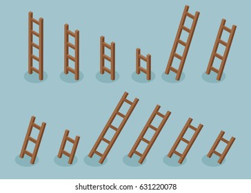 Wood ladders vector set in isometric. Illustration 3d style on blue background