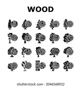 Iconos De Árbol Natural De Crecimiento De Tierras De Madera Fijan Vector. Fruta De Cerezo Y Mango, Tejido Y Roble, Spruce Y Hemlock, Bosque De Arce Y Tugurios Que Cultiva Hojas Verdes Pictogramas De Glifo De Árbol Ilustraciones Negras