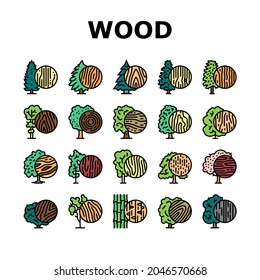 Iconos De Árbol Natural De Crecimiento De Tierras De Madera Fijan Vector. Fruta De Cerezo Y Mango, Tejidos Y Roble, Spruce Y Hemlock, Bosque De Arce Y Tugurios Que Cultiva La Línea De Árboles De Hojas Verdes. Ilustraciones de colores de Woodland