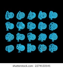 Vector de señal de luz de neón del árbol natural del crecimiento de la tierra maderera. Fruta De Cerezo Y Mango, Tejidos Y Roble, Spruce Y Hemlock, Bosque De Arce Y Tugurios Que Cultiva La Línea De Árboles De Hojas Verdes. Ilustraciones de Woodland
