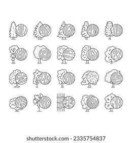 Iconos De Árbol Natural De Crecimiento De Tierras De Madera Fijan Vector. Fruta De Cerezo Y Mango, Tejidos Y Roble, Spruce Y Hemlock, Bosque De Arce Y Tugurios Que Cultiva La Línea De Árboles De Hojas Verdes. Ilustraciones de contorno negro de Woodland