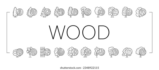 Iconos De Árbol Natural De Crecimiento De Tierras De Madera Fijan Vector. Fruta De Cerezo Y Mango, Tejidos Y Roble, Spruce Y Hemlock, Bosque De Arce Y Tugurios Que Cultiva La Línea De Árboles De Hojas Verdes. Ilustraciones de contorno negro de Woodland